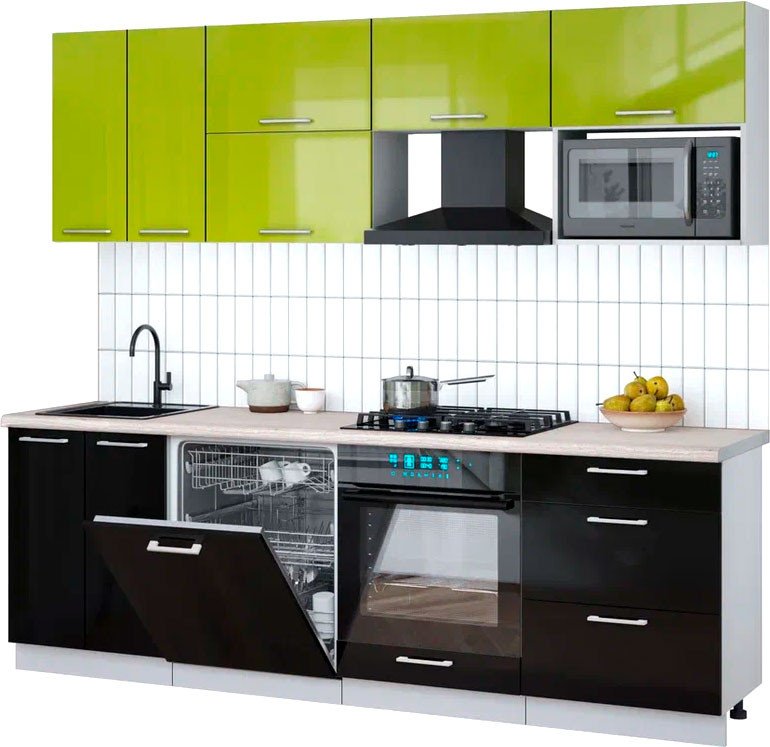 

Готовая кухня Интерлиния Мила Gloss 2.4-ПМ2 (черный глянец/яблоко глянец/травертин серый)