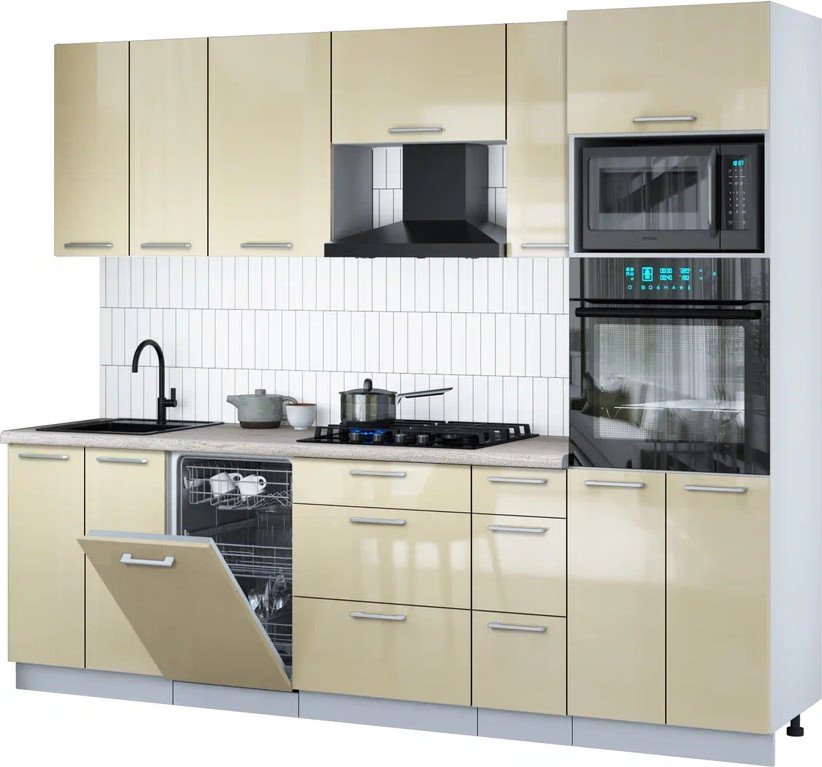 

Готовая кухня Интерлиния Мила Gloss 2.55-ПМ3 (ваниль глянец/ваниль глянец/травертин серый)