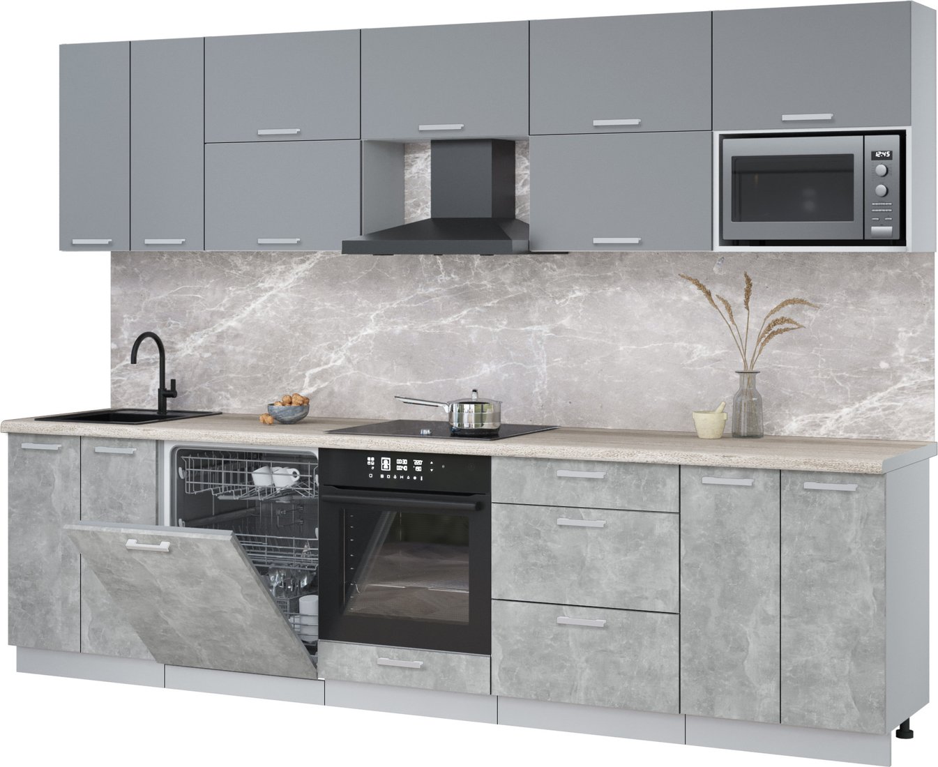 

Готовая кухня Интерлиния Мила Лайт 3.0-ПМ2 (серебро/бетон/травертин серый)