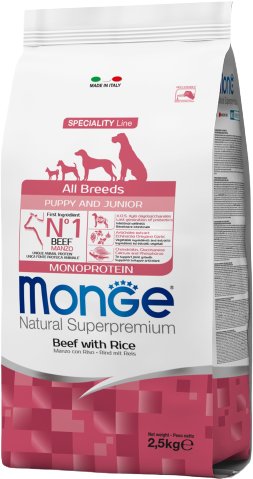 

Сухой корм для собак Monge All Breeds Puppy & Junior Monoprotein Beef with Rice (для щенков всех пород с говядиной и рисом) 2.5 кг