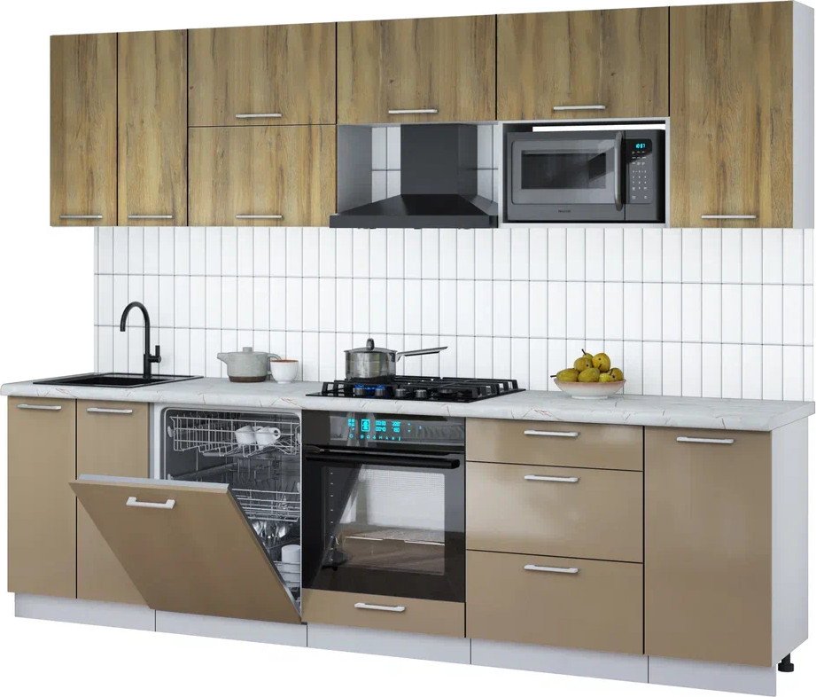 

Готовая кухня Интерлиния Мила Gloss 2.8-ПМ2 (капучино глянец/дуб вотан/серый каспий)