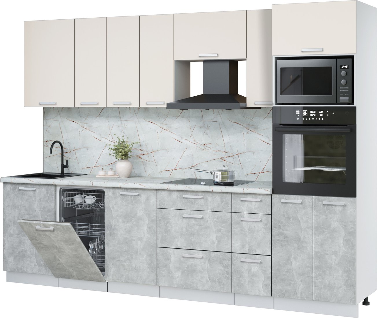 

Готовая кухня Интерлиния Мила Лайт 2.9-ПМ3 (персидский жемчуг/бетон/серый каспий)