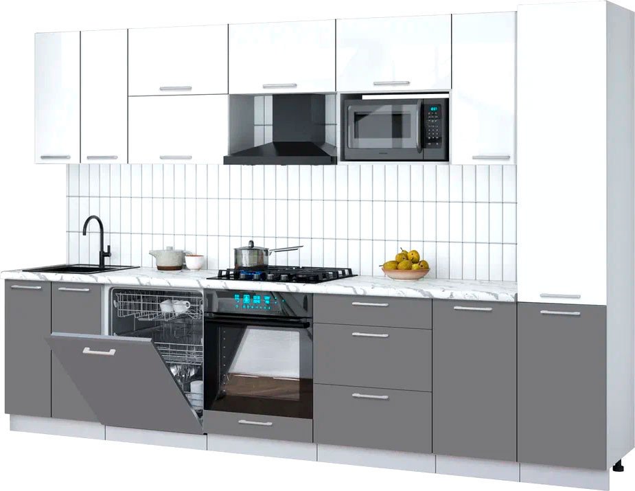 

Готовая кухня Интерлиния Мила Gloss 3.2-ПМ2 (серый/белый глянец/белый гранит)