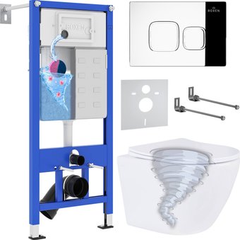 Унитаз подвесной Roxen Antares Tornado Long в комплекте с инсталляцией StounFix Dual Fresh 6 в 1 868434 (кнопка: хром глянцевый глянцевая)