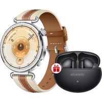 Умные часы Huawei Watch GT 6 41 мм (серебристый, с коричневым кожаным ремешком, международная версия) + наушники Huawei FreeBuds 6i по акции