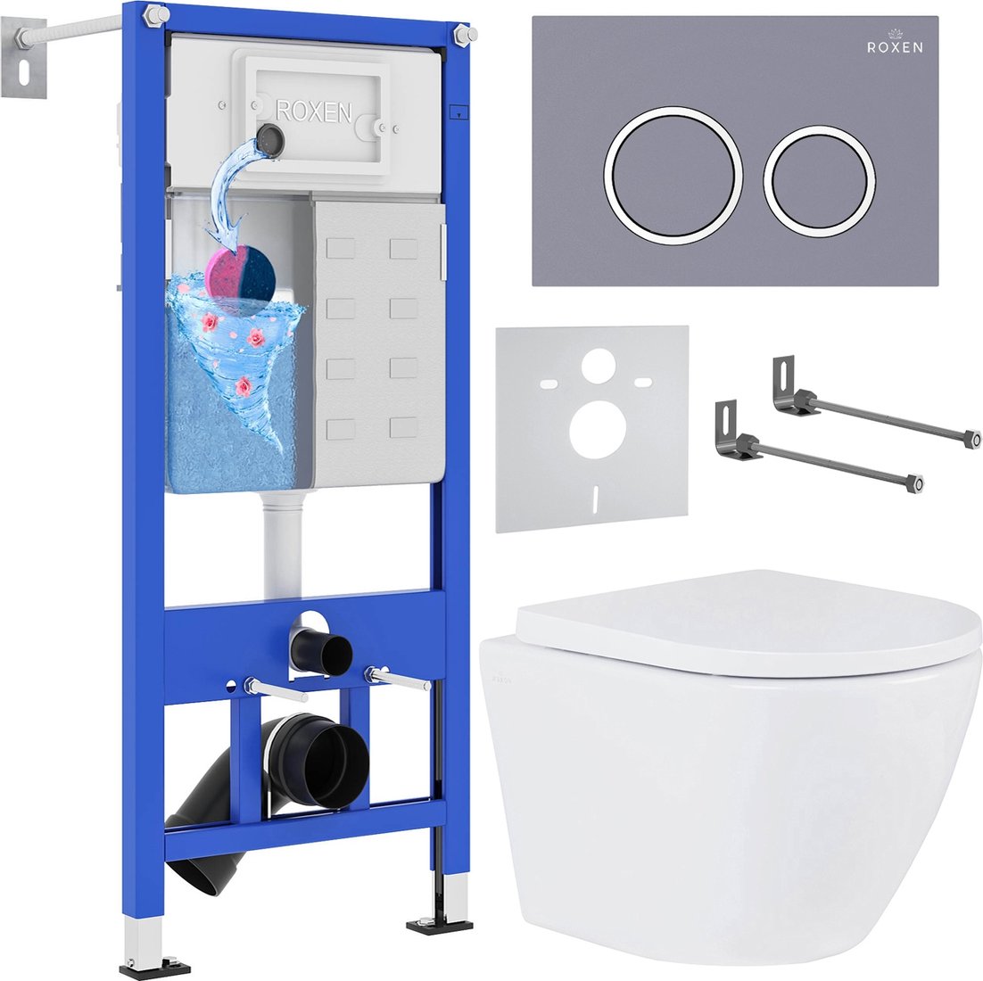 

Унитаз подвесной Roxen Antares 530185-02 в комплекте с инсталляцией StounFix Dual Fresh 6 в 1 966055 (кнопка: серый бетон)