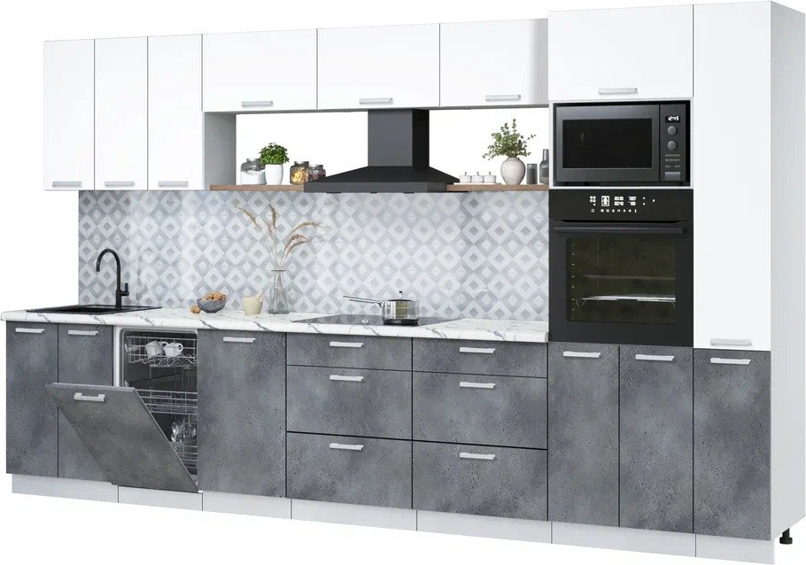 

Готовая кухня Интерлиния Мила Лайт 3.6-ПМ3 (белый платинум/бетон портленд/белый гранит)