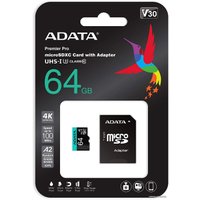 Карта памяти ADATA Premier Pro AUSDX64GUI3V30SA2-RA1 microSDXC 64GB (с адаптером)