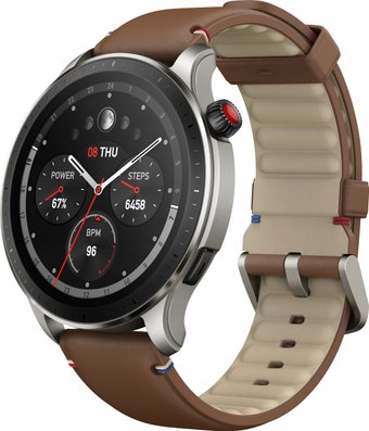 Amazfit GTR 4 (серебристый, с коричневым кожаным ремешком)