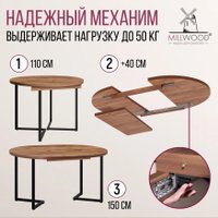 Кухонный стол Millwood Лофт Лондон раздвижной D110-150x110x76 (дуб табачный Craft/металл черный)
