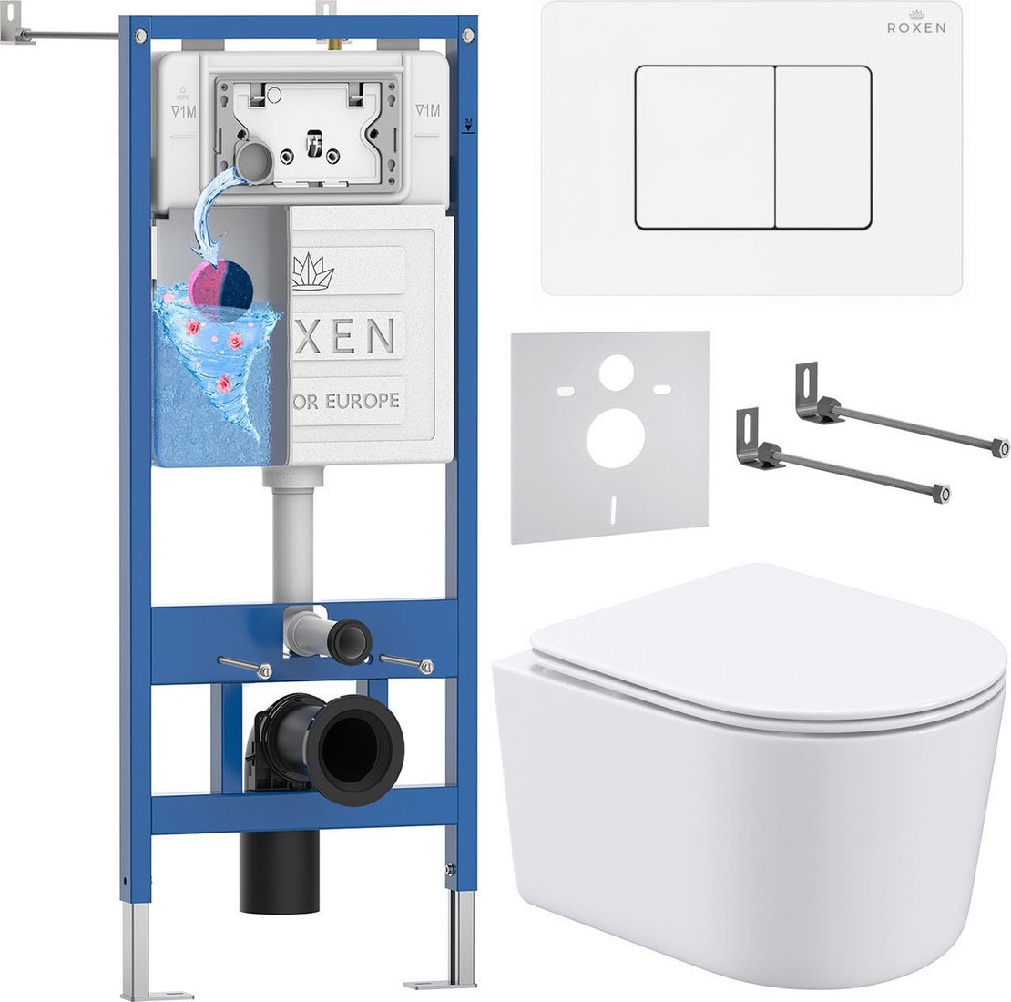 Унитаз подвесной Roxen Simple Compact в комплекте с инсталляцией StounFix Dual Fresh 6 в 1 868529 (кнопка: белый глянцевая)