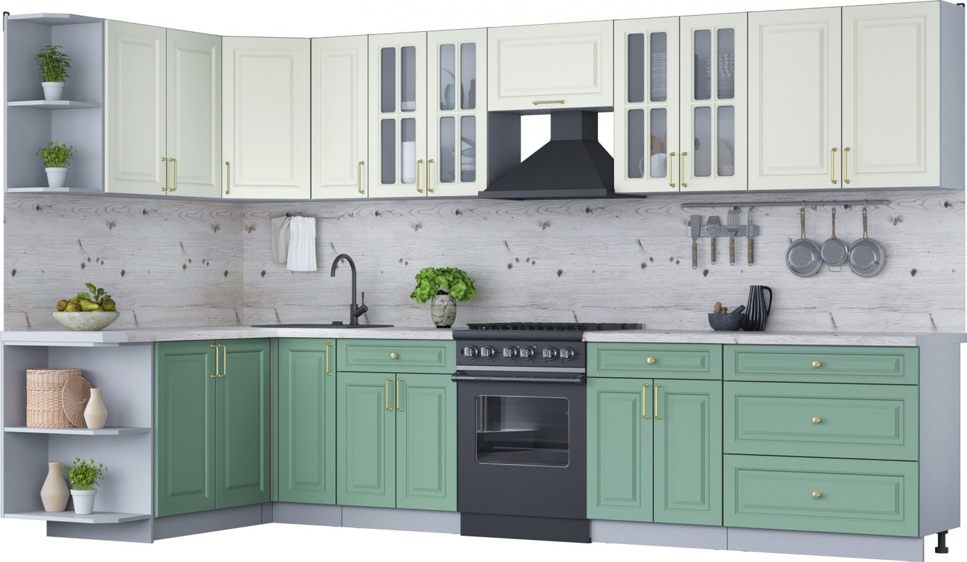 

Готовая кухня Интерлиния Мила Шато 1.7x3.5 левая (белый/мята/бискайская сосна)