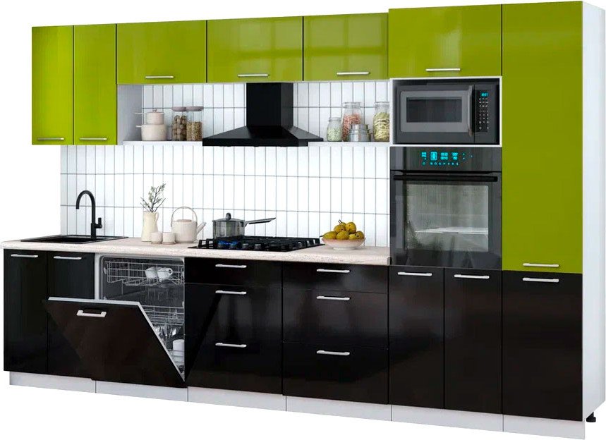 

Готовая кухня Интерлиния Мила Gloss 3.4-ПМ1 (черный глянец/яблоко глянец/травертин серый)