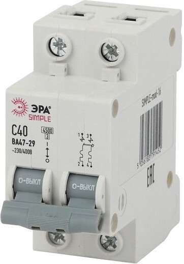 

Выключатель автоматический ЭРА Simple-Mod-16 ВА47-29 2P 40А 4.5кА C Б0039233