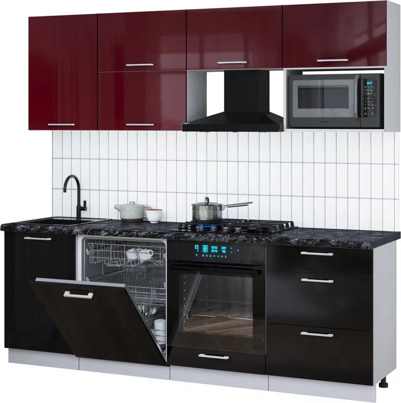 

Готовая кухня Интерлиния Мила Gloss 2.3-ПМ2 (черный глянец/бордовый глянец/кастилло темный)