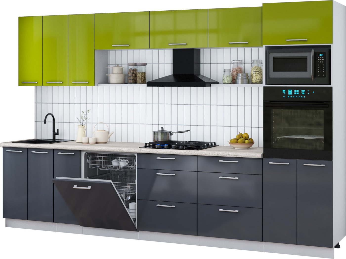 

Готовая кухня Интерлиния Мила Gloss 3.3-ПМ1-2 (асфальт глянец/яблоко глянец/травертин серый)