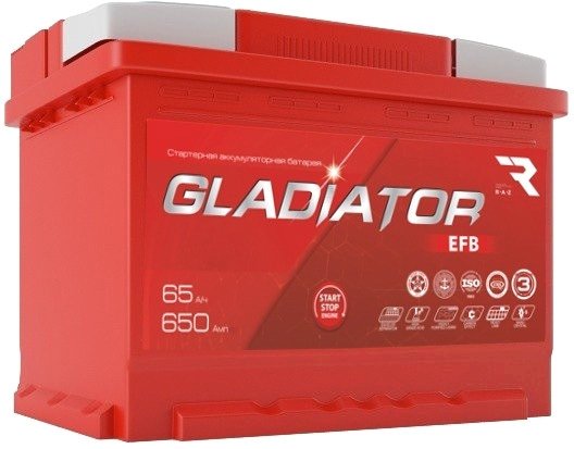 

Автомобильный аккумулятор Gladiator EFB 65 R+ (65 А·ч)