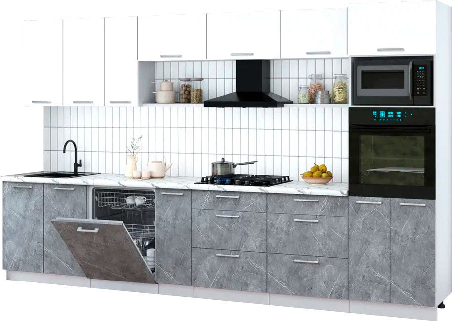 

Готовая кухня Интерлиния Мила Gloss 3.5-ПМ1-2 (керамика/белый/белый гранит)