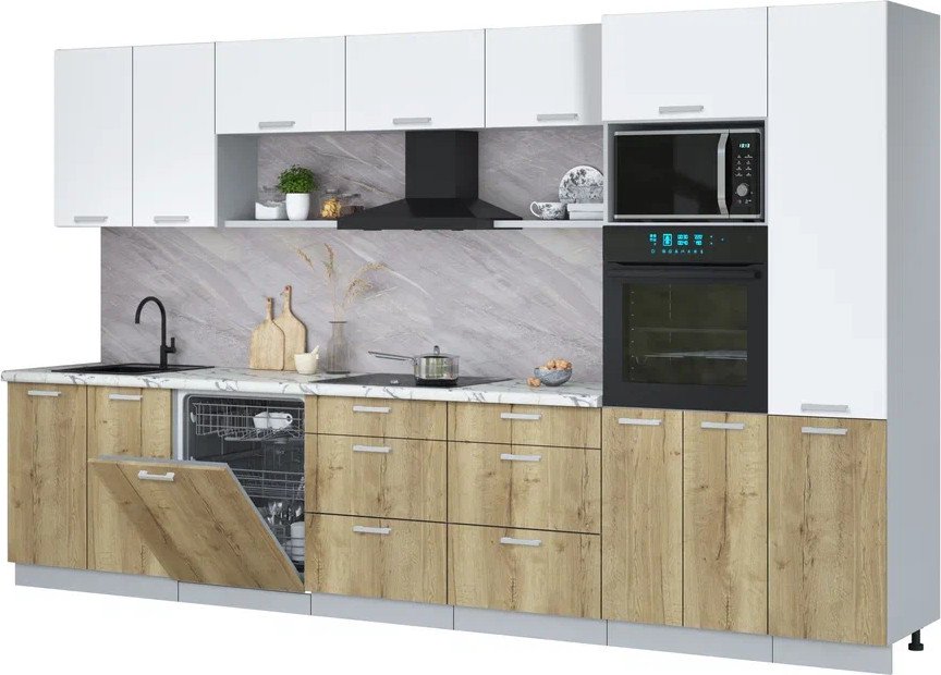 

Готовая кухня Интерлиния Мила Лайт 3.6-ПМ1 (белый платинум/дуб золотой/белый гранит)