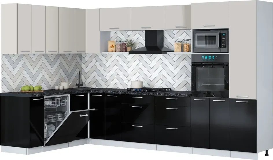 

Готовая кухня Интерлиния Мила Gloss 1.896х3.38 (черный глянец/кашемир/кастилло темный)