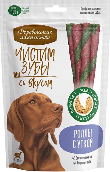 

Лакомство для собак Деревенские лакомства Чистим зубы со вкусом. Роллы с уткой 100 г