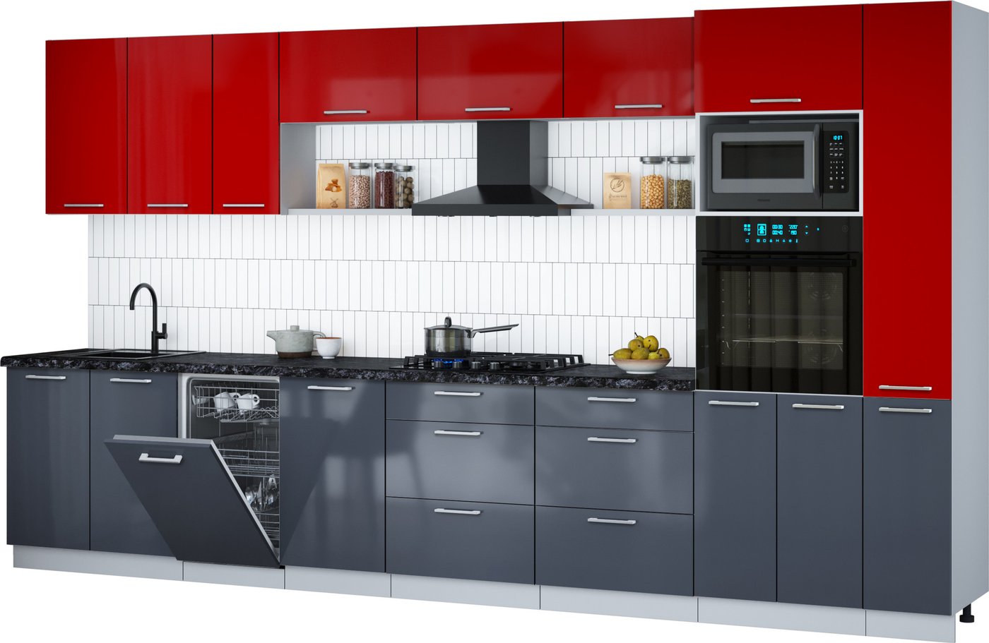 

Готовая кухня Интерлиния Мила Gloss 3.8-ПМ3 (асфальт глянец/красный глянец/кастилло темный)