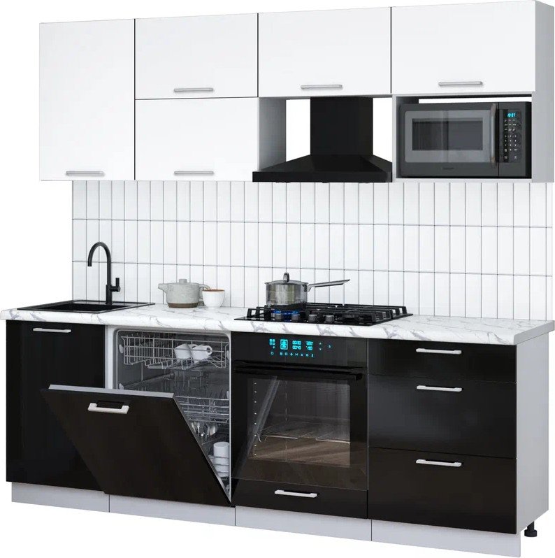 

Готовая кухня Интерлиния Мила Gloss 2.3-ПМ2 (черный глянец/белый/белый гранит)