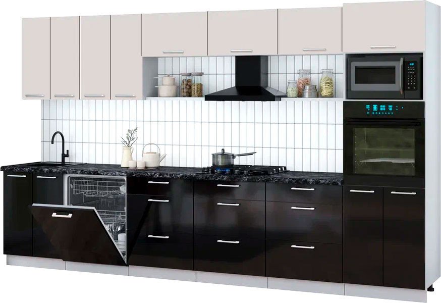 

Готовая кухня Интерлиния Мила Gloss 3.6-ПМ1-2 (черный глянец/кашемир/кастилло темный)