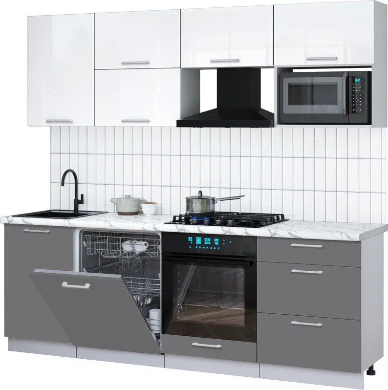 

Готовая кухня Интерлиния Мила Gloss 2.3-ПМ2 (серый/белый глянец/белый гранит)