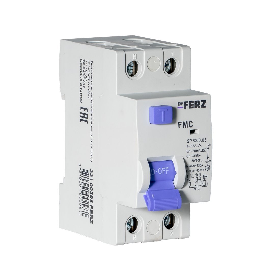 Устройство защитного отключения Dr.Ferz FMC-1P+N 63A 30mA 6kA A 2M 22100298FERZ