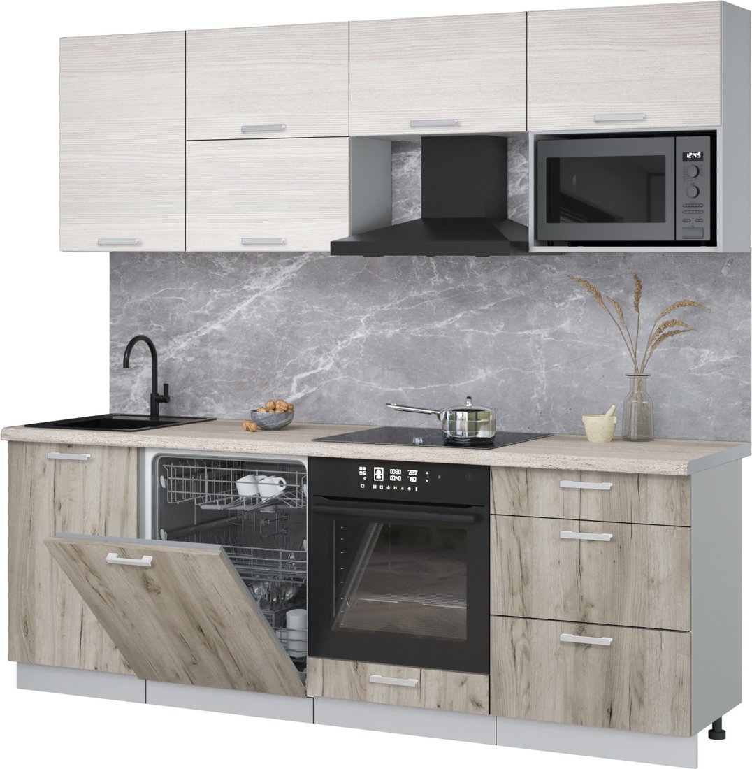 

Готовая кухня Интерлиния Мила Лайт 2.3-ПМ2 (вудлайн кремовый/дуб серый/травертин серый)