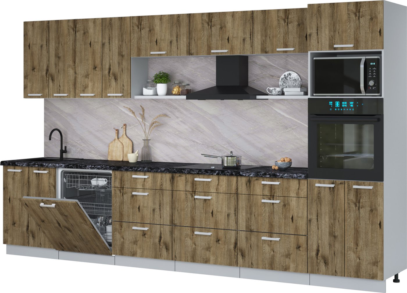 

Готовая кухня Интерлиния Мила Лайт 3.6-ПМ1-2 (дуб веллингтон/дуб веллингтон/кастилло темный)