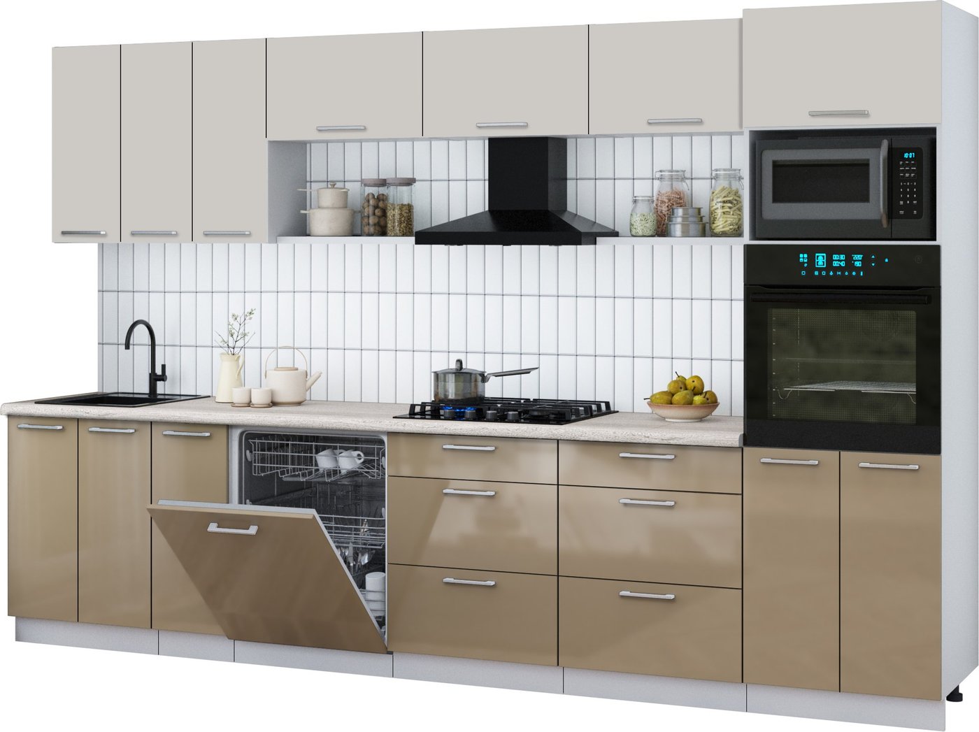 

Готовая кухня Интерлиния Мила Gloss 3.3-ПМ1-2 (капучино глянец/кашемир/травертин серый)