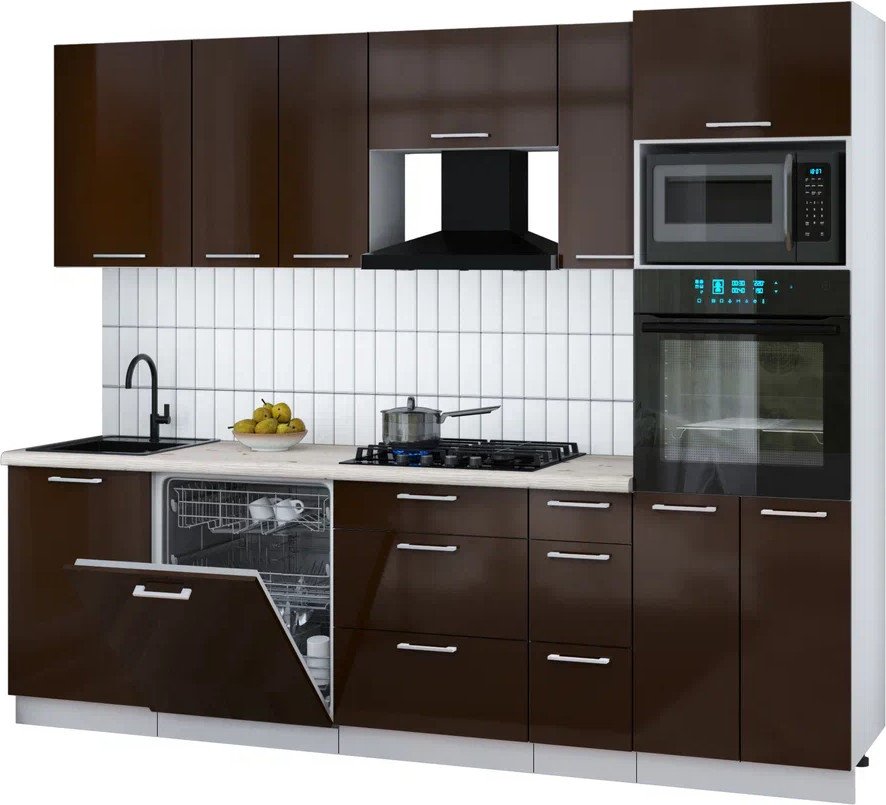 

Готовая кухня Интерлиния Мила Gloss 2.6-ПМ1 (шоколад глянец/шоколад глянец/бискайская сосна)