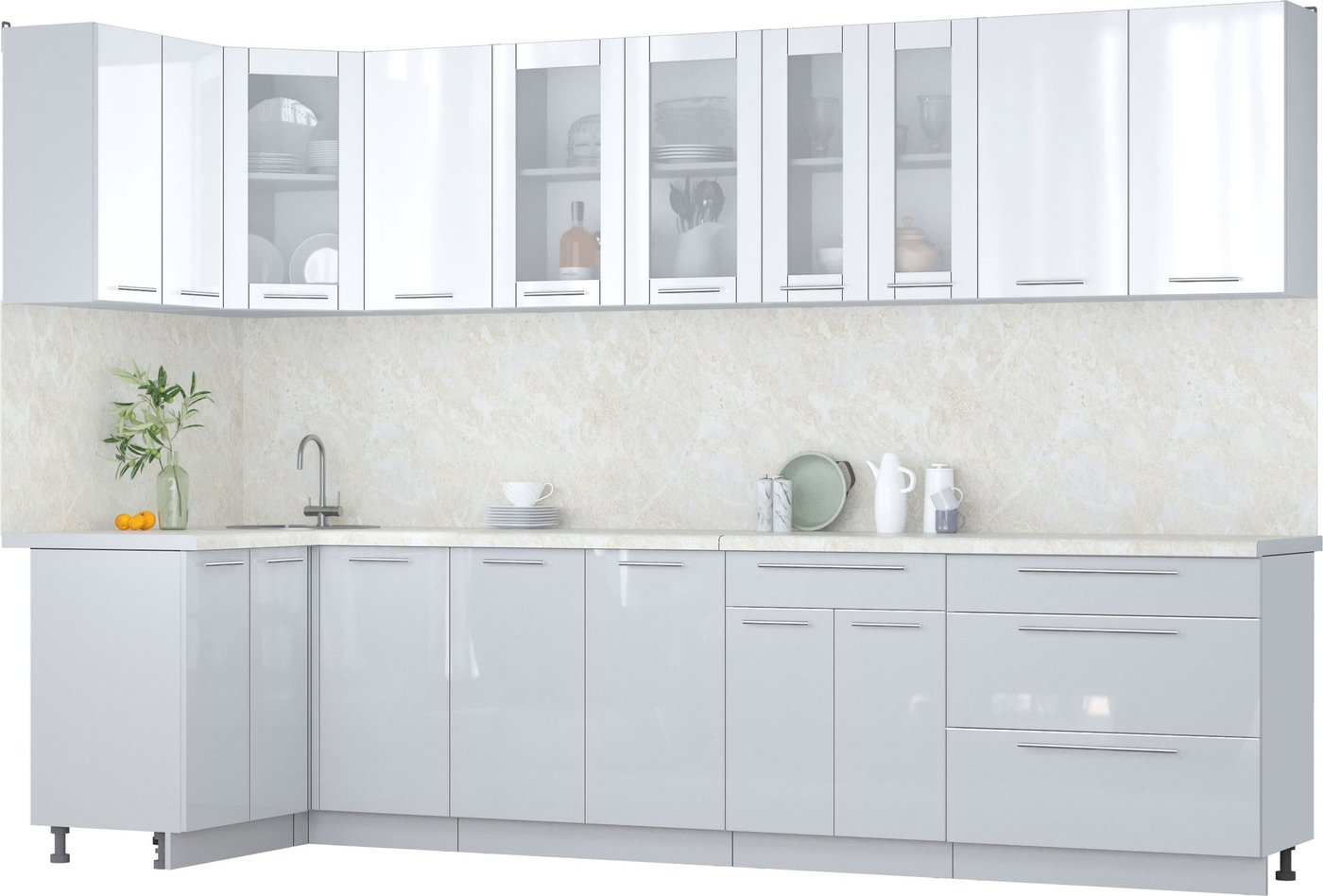 

Готовая кухня Интерлиния Мила Пластик 1.2x3.2 (белый глянец/туманный глянец/опал светлый)