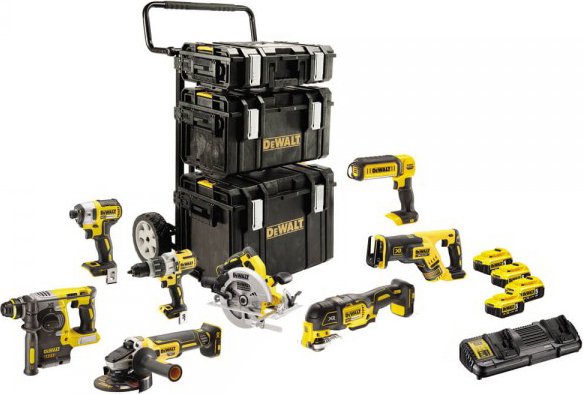 

DeWalt DCK853P4 (шуруповерт, винтоверт, перфоратор, УШМ, дисковая пила, сабельная пила, реноватор, фонарь, 4 АКБ, тележка)