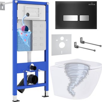 Унитаз подвесной Roxen Antares Tornado Long в комплекте с инсталляцией StounFix Dual Fresh 6 в 1 868448 (кнопка: черный/хром глянцевая)