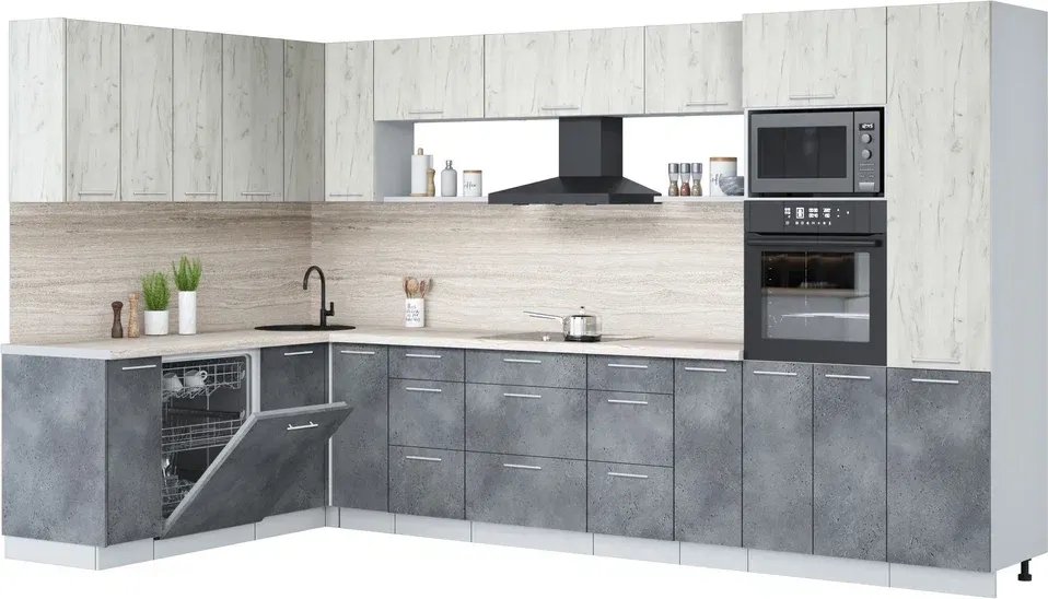 

Готовая кухня Интерлиния Мила Лайт 1.896х3.58 (дуб белый/бетон портленд/травертин серый)