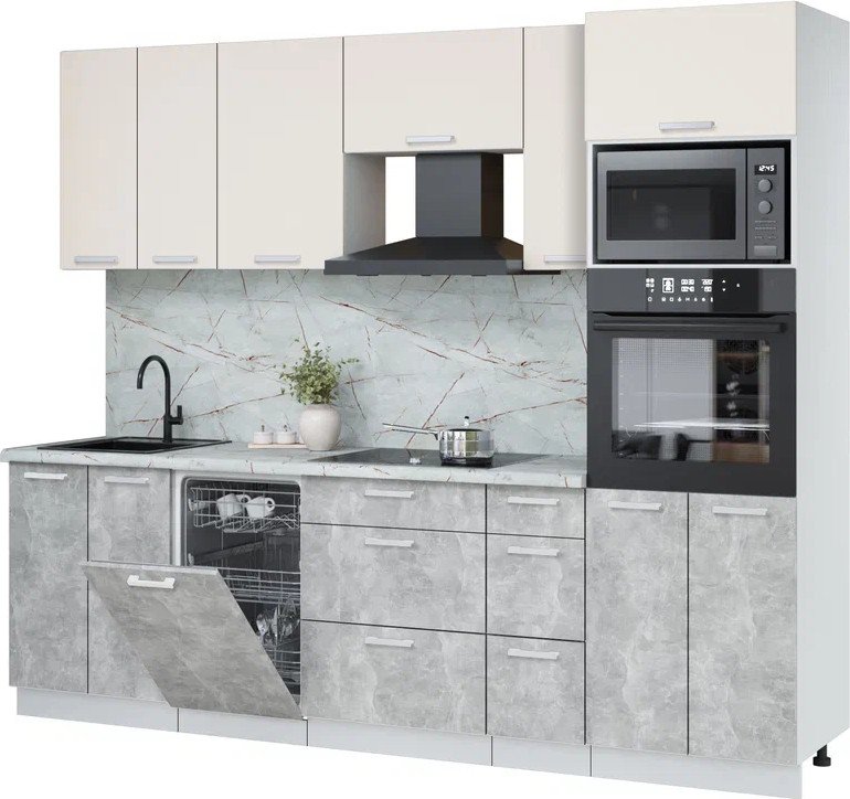 

Готовая кухня Интерлиния Мила Лайт 2.55-ПМ3 (персидский жемчуг/бетон/серый каспий)