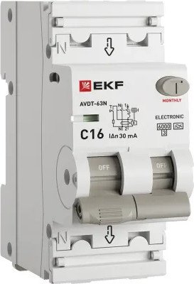 Дифференциальный автомат EKF PROxima АВДТ-63N 1P+N 16А (C) 30мА 6кА тип А D63N26EA16C30 (электронный)