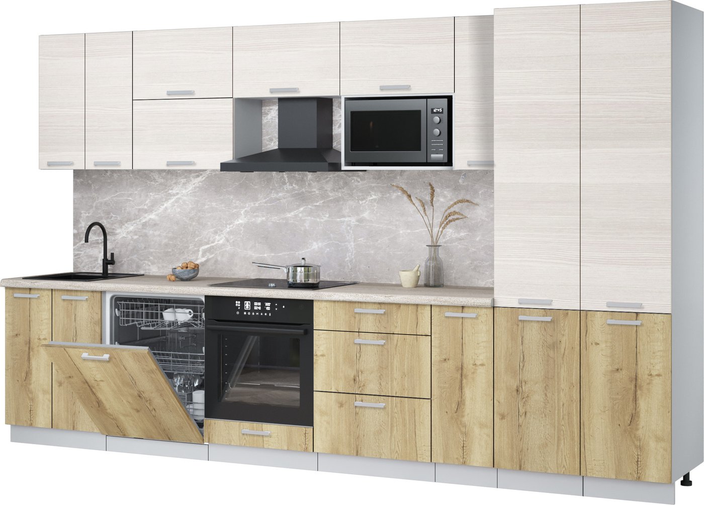 

Готовая кухня Интерлиния Мила Лайт 3.5-ПМ2 (вудлайн кремовый/дуб золотой/травертин серый)