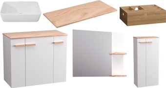 Lauter Комплект мебели для ванной Adri тумба, столешница, раковина 21674A (органайзер 32 см, шкаф-пенал, зеркало, 79 см, белый глянец)