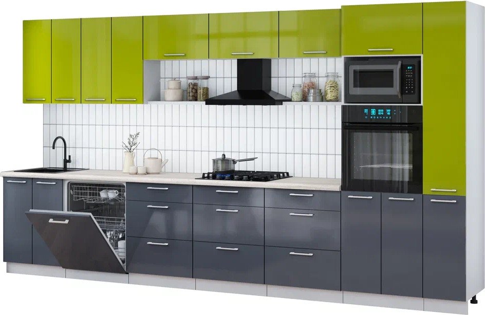 

Готовая кухня Интерлиния Мила Gloss 3.9-ПМ1 (асфальт глянец/яблоко глянец/травертин серый)