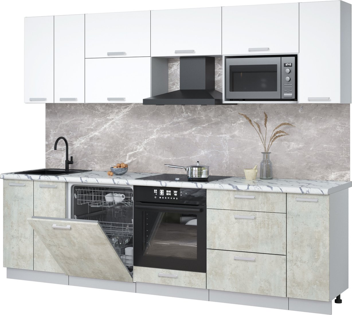 

Готовая кухня Интерлиния Мила Лайт 2.7-ПМ2 (белый платинум/бетон лайт/белый гранит)