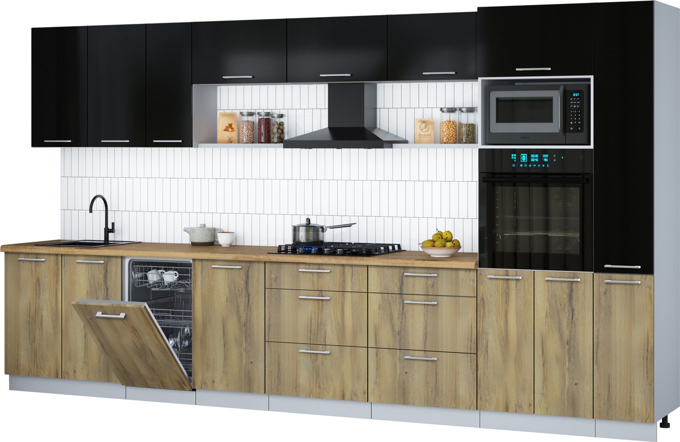 

Готовая кухня Интерлиния Мила Gloss 3.8-ПМ3 (дуб вотан/черный глянец/дуб бунратти)