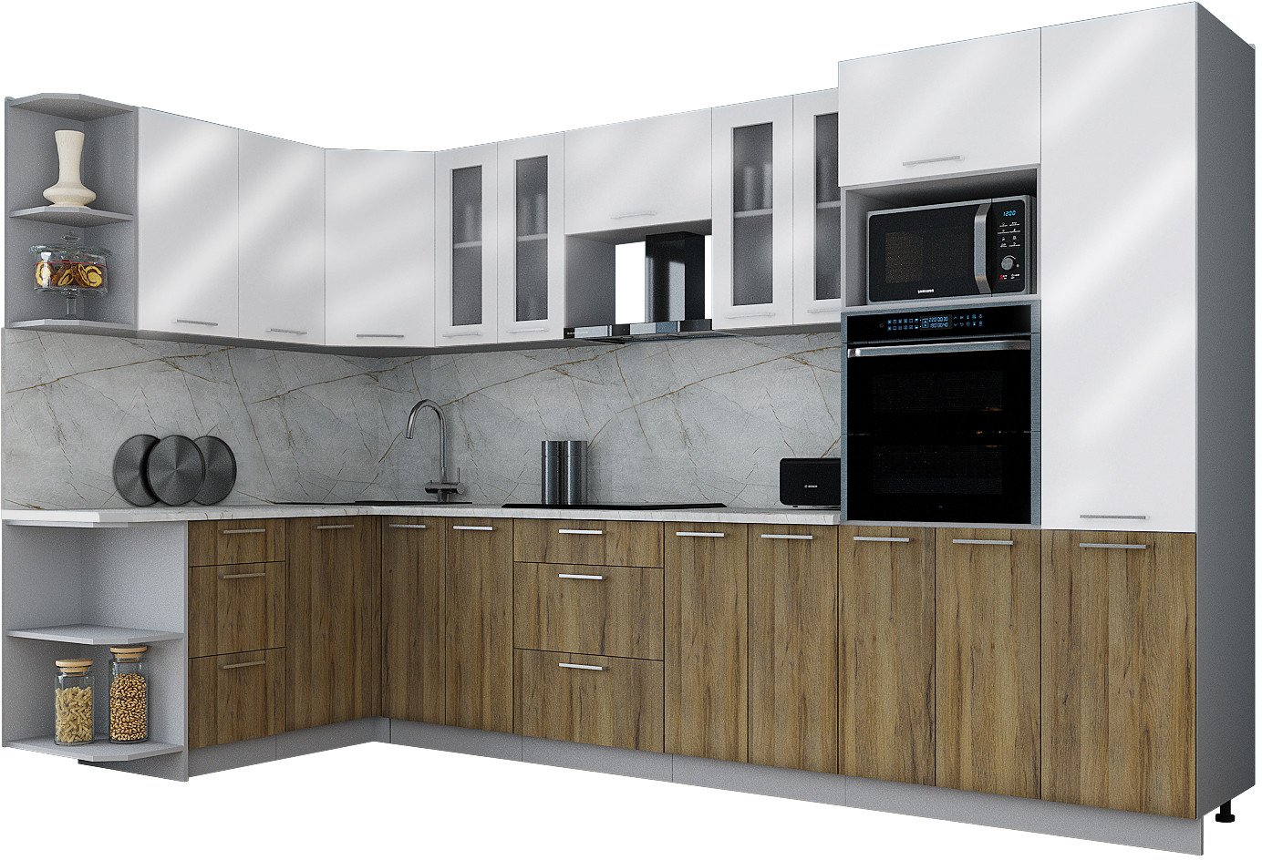 

Готовая кухня Интерлиния Мила Gloss 1.68x3.4 левая (белый глянец/дуб вотан/травертин серый)