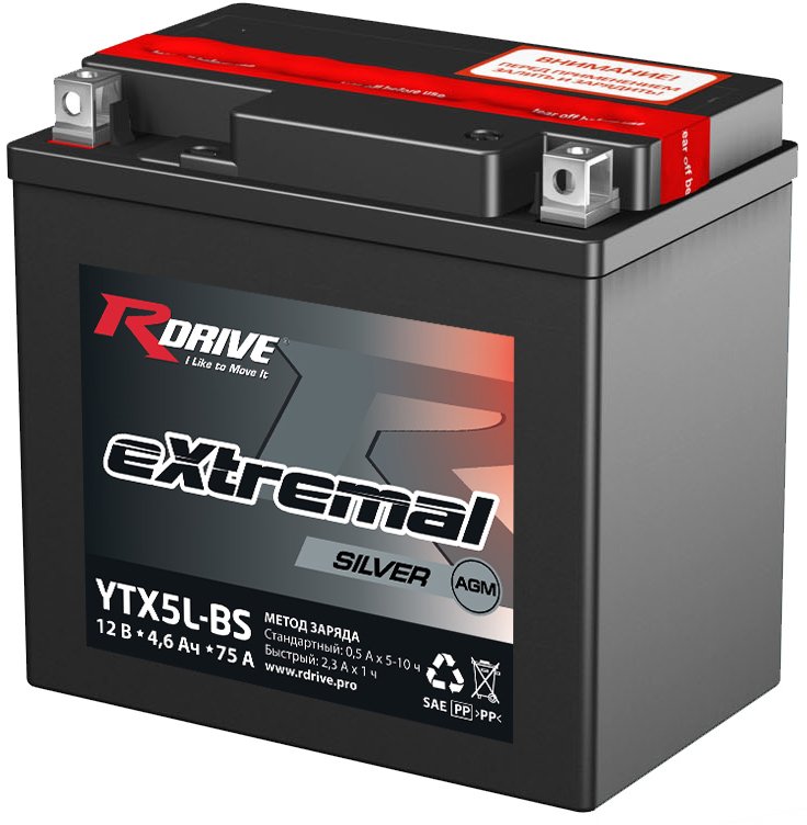 

Мотоциклетный аккумулятор RDrive eXtremal Silver YTX5L-BS (4.6 А·ч)