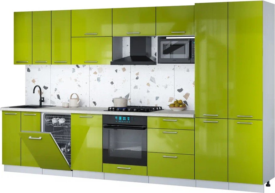 

Готовая кухня Интерлиния Мила Gloss 3.5-ПМ4 (яблоко глянец/яблоко глянец/опал светлый)