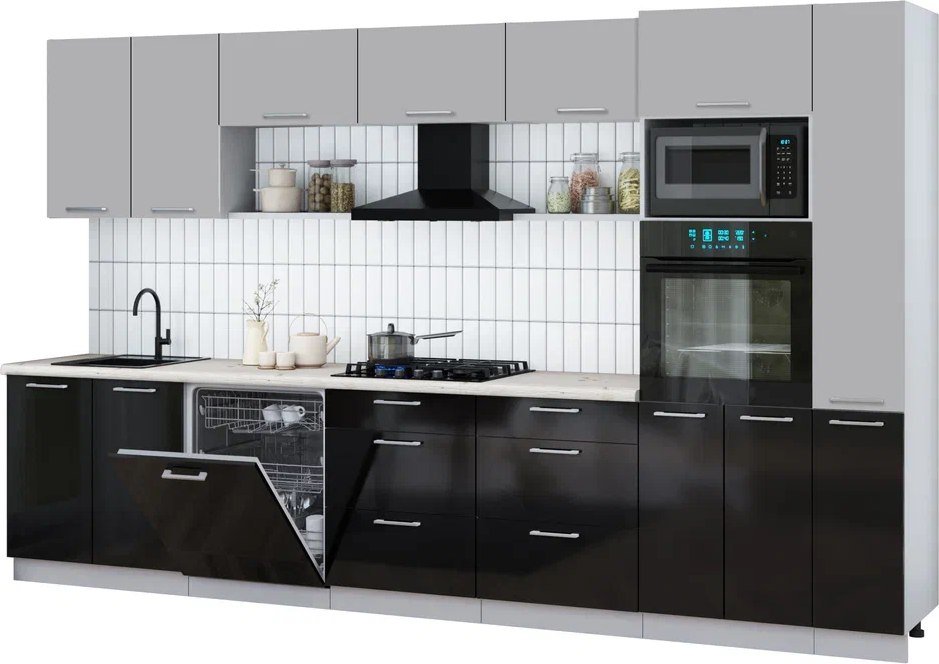 

Готовая кухня Интерлиния Мила Gloss 3.5-ПМ1 (черный глянец/грей/бискайская сосна)