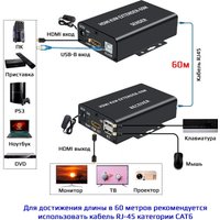 Удлинитель USBTOP HDMI USB по витой паре RJ45 UTP (LAN) до 60 метров, FullHD 1080p (1 приемник, 1 передатчик)